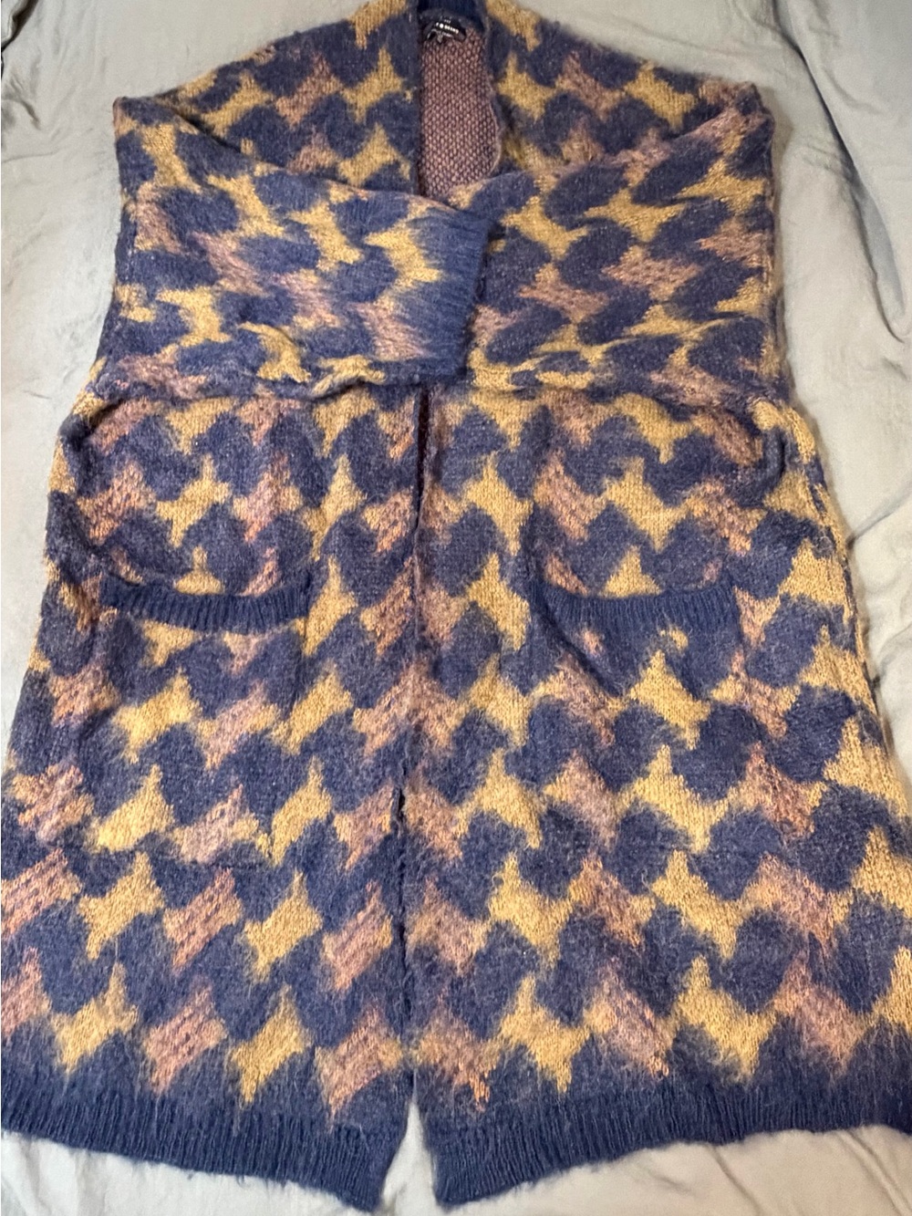 Lucky Brand Fuzzy Open Cardigan 3X Blue Brown Oversized Boho Cozy